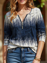 Printed long-sleeved zip-up V-neck T-shirt